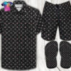 Louis Vuitton Black Logo Full Print Hawaiian Shirt Beach Shorts And Flip Flops