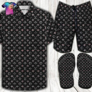 Louis Vuitton Black Logo Full Print Hawaiian Shirt Beach Shorts And Flip Flops