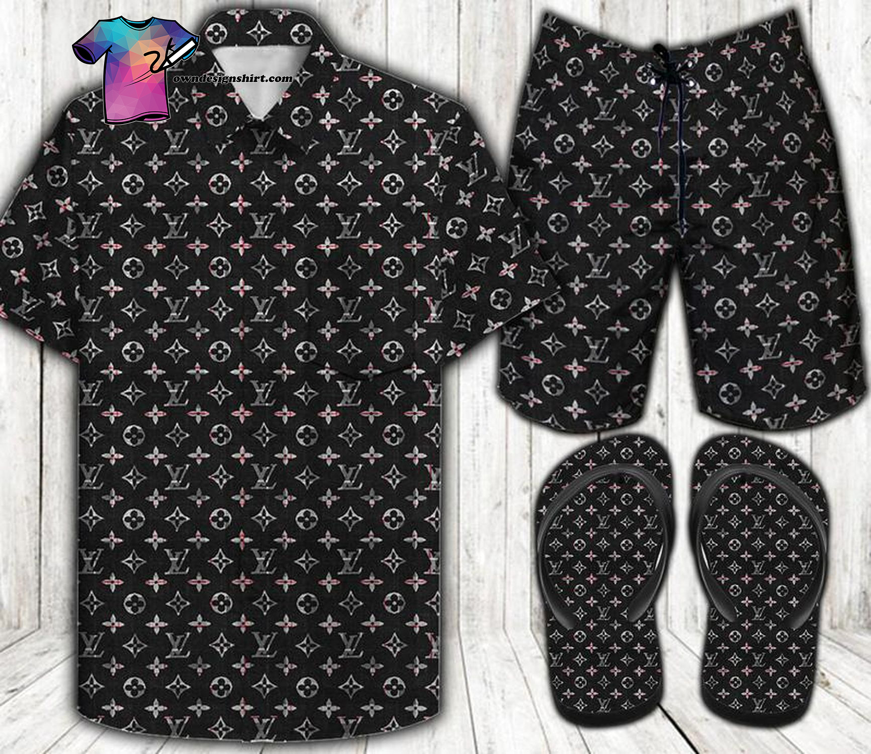 Louis Vuitton Black Logo Full Print Hawaiian Shirt Beach Shorts And Flip Flops Louis Vuitton Black Logo Full Print Hawaiian Shirt Beach Shorts And Flip Flops