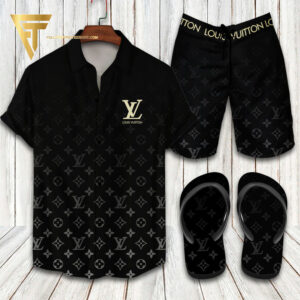 Louis Vuitton Black Logo Hawaiian Shirt Beach Shorts And Flip Flops