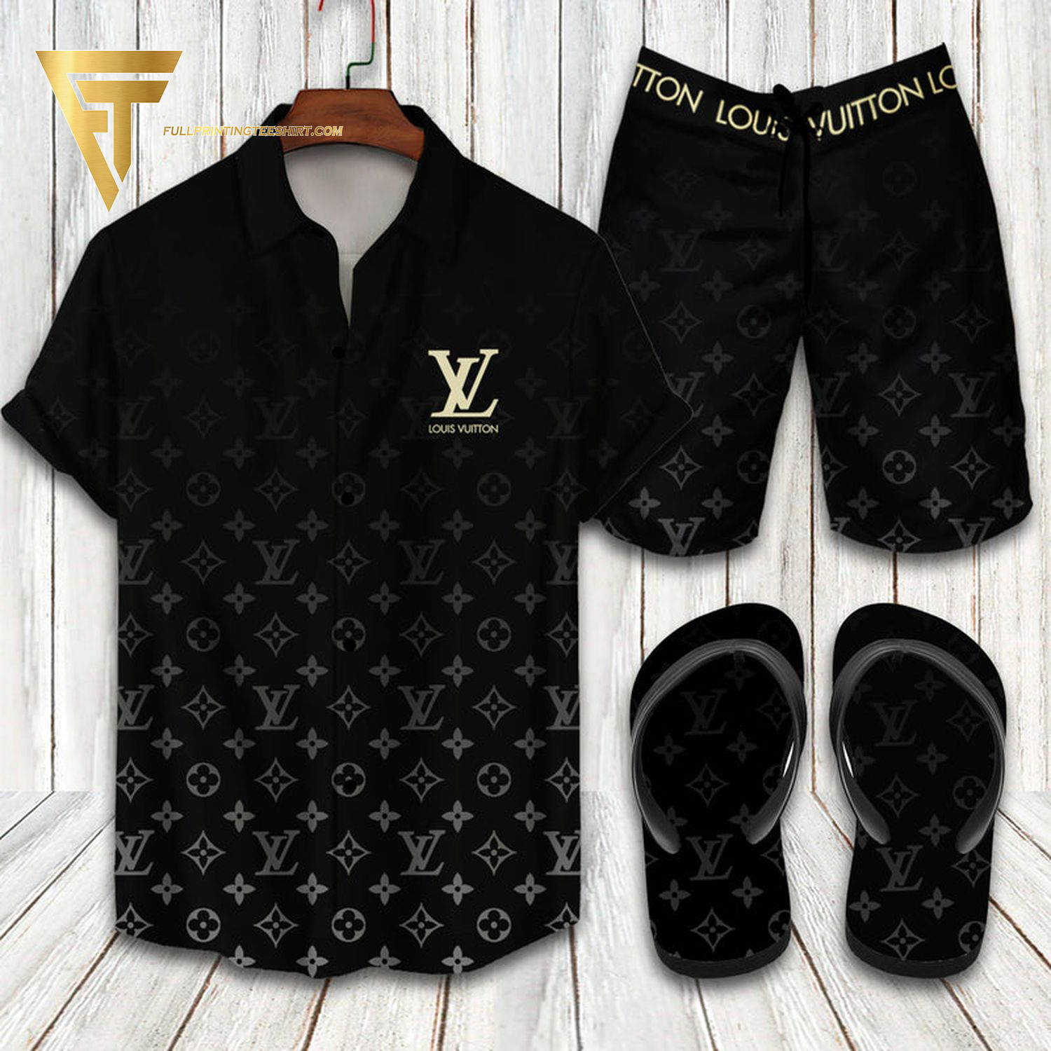 Louis Vuitton Black Logo Hawaiian Shirt Beach Shorts And Flip Flops Louis Vuitton Black Logo Hawaiian Shirt Beach Shorts And Flip Flops
