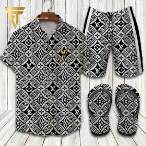 Louis Vuitton Black Monogram Hawaiian Shirt Beach Shorts And Flip Flops