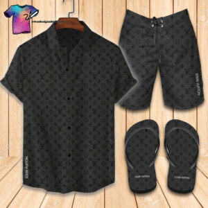 Louis Vuitton Black Symbol Full Print Hawaiian Shirt Beach Shorts And Flip Flops
