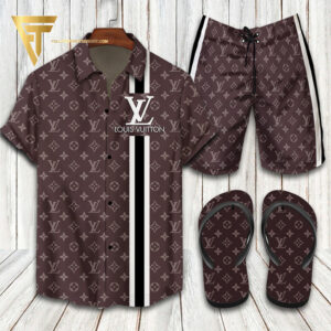 Louis Vuitton Black White Striped Hawaiian Shirt Beach Shorts And Flip Flops