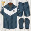 Louis Vuitton Blue Green Hawaiian Shirt Beach Shorts And Flip Flops