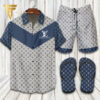 Louis Vuitton Blue Grey Hawaiian Shirt Beach Shorts And Flip Flops