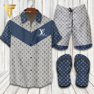 Louis Vuitton Blue Grey Hawaiian Shirt Beach Shorts And Flip Flops