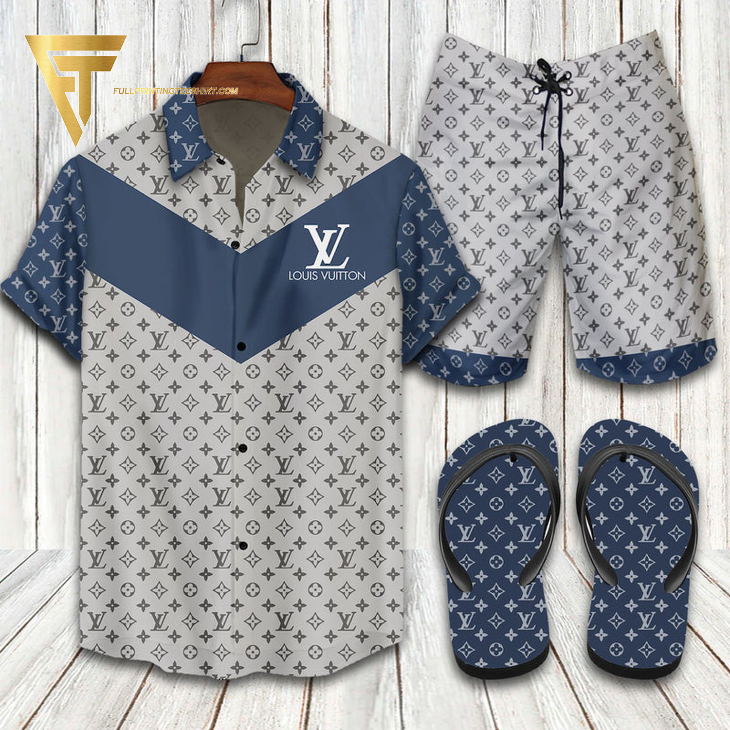 Louis Vuitton Blue Grey Hawaiian Shirt Beach Shorts And Flip Flops Louis Vuitton Blue Grey Hawaiian Shirt Beach Shorts And Flip Flops