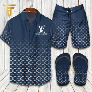 Louis Vuitton Blue Navy Hawaiian Shirt Beach Shorts And Flip Flops