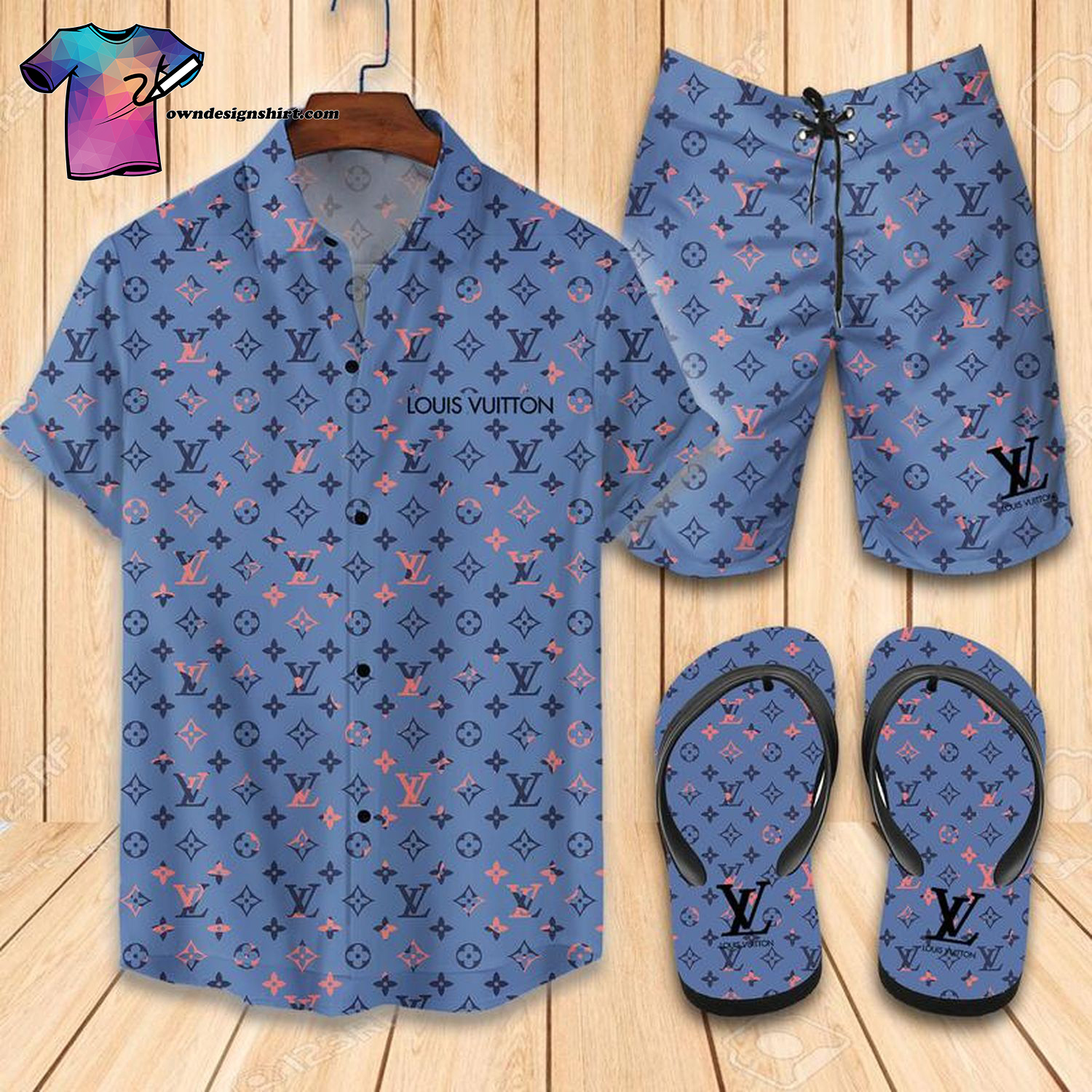 Louis Vuitton Blue Pink Symbol Full Print Hawaiian Shirt Beach Shorts And Flip Flops Louis Vuitton Blue Pink Symbol Full Print Hawaiian Shirt Beach Shorts And Flip Flops