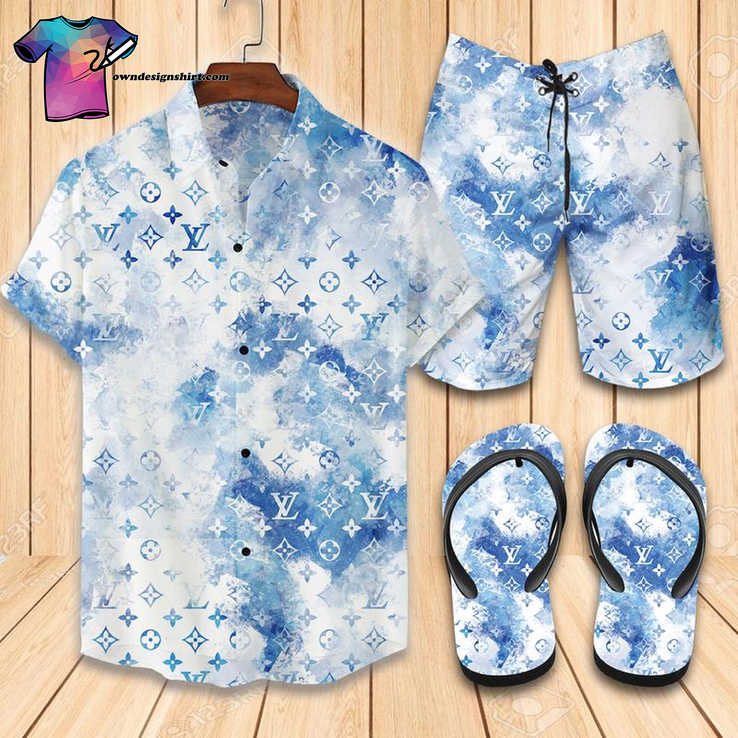 Louis Vuitton Blue Sky Symbol Full Print Hawaiian Shirt Beach Shorts And Flip Flops Louis Vuitton Blue Sky Symbol Full Print Hawaiian Shirt Beach Shorts And Flip Flops