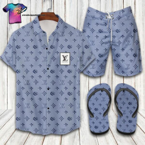 Louis Vuitton Blue Symbol Full Print Hawaiian Shirt Beach Shorts And Flip Flops