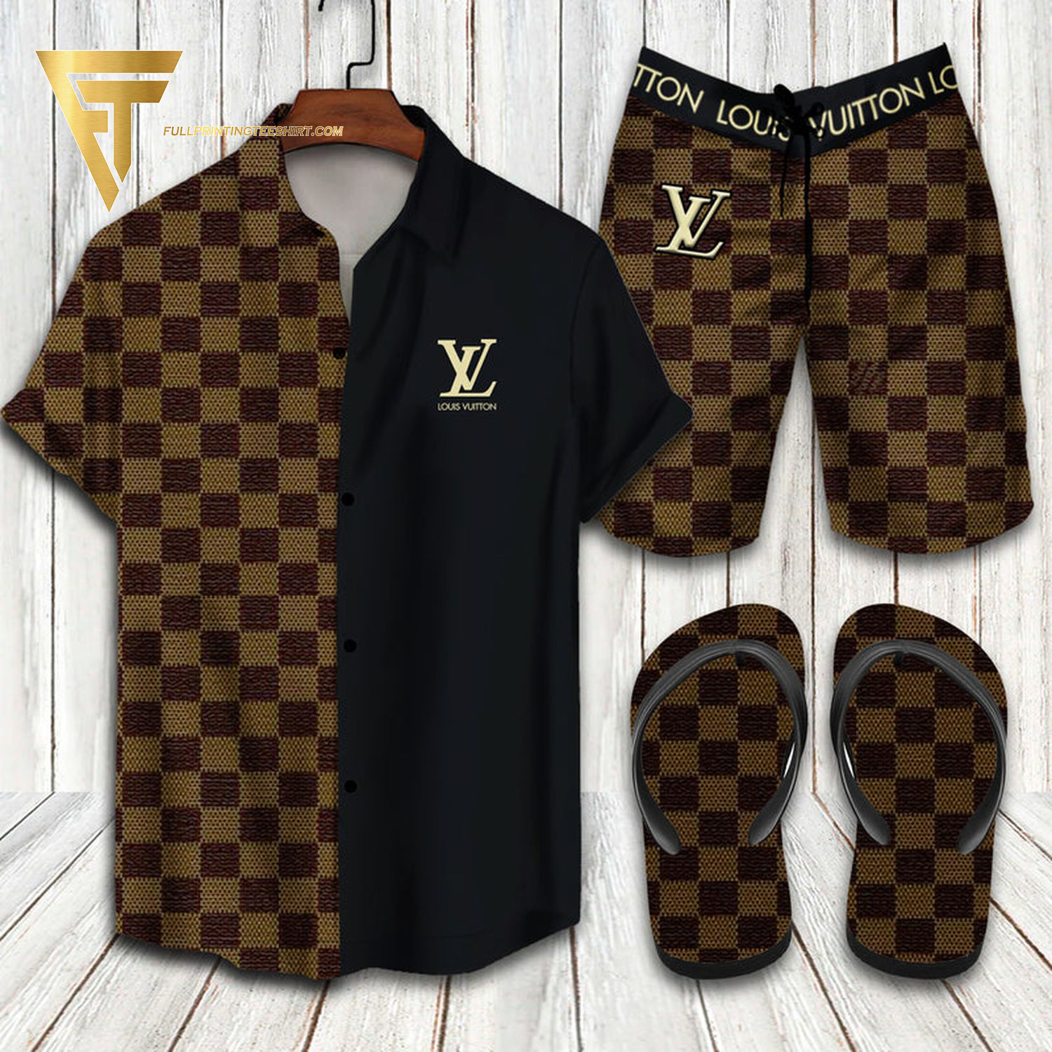 Louis Vuitton Brown Black Logo Hawaiian Shirt Beach Shorts And Flip Flops Louis Vuitton Brown Black Logo Hawaiian Shirt Beach Shorts And Flip Flops