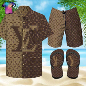 Louis Vuitton Brown Classic Logo Full Print Hawaiian Shirt Beach Shorts And Flip Flops