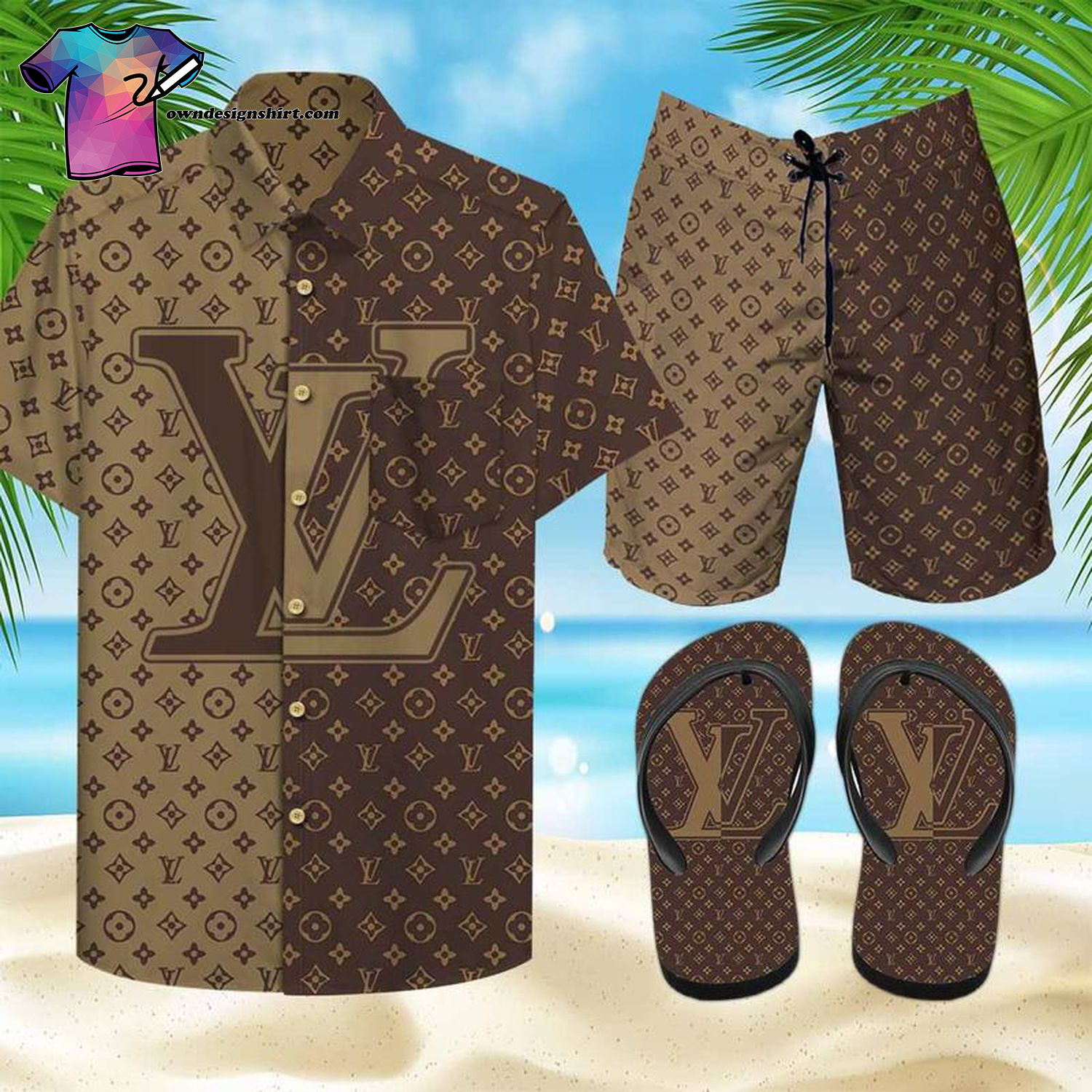 Louis Vuitton Brown Classic Logo Full Print Hawaiian Shirt Beach Shorts And Flip Flops Louis Vuitton Brown Classic Logo Full Print Hawaiian Shirt Beach Shorts And Flip Flops