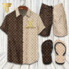 Louis Vuitton Brown Cream Hawaiian Shirt Beach Shorts And Flip Flops