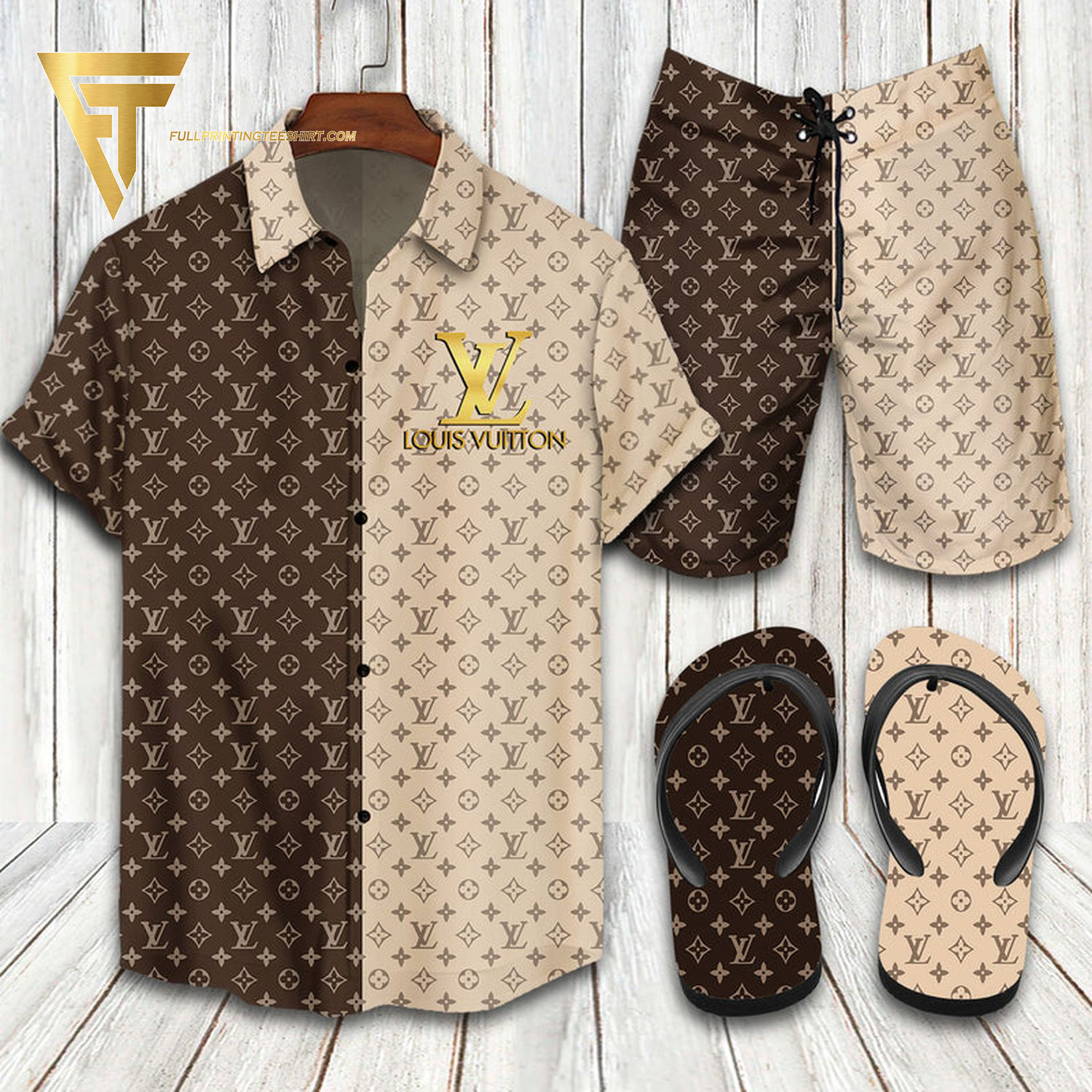 Louis Vuitton Brown Cream Hawaiian Shirt Beach Shorts And Flip Flops Louis Vuitton Brown Cream Hawaiian Shirt Beach Shorts And Flip Flops