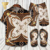 Louis Vuitton Brown Flower Hawaiian Shirt Beach Shorts And Flip Flops