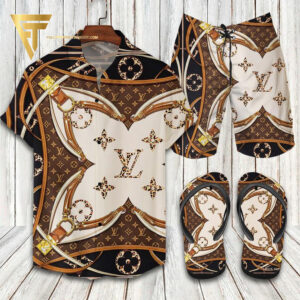Louis Vuitton Brown Flower Hawaiian Shirt Beach Shorts And Flip Flops