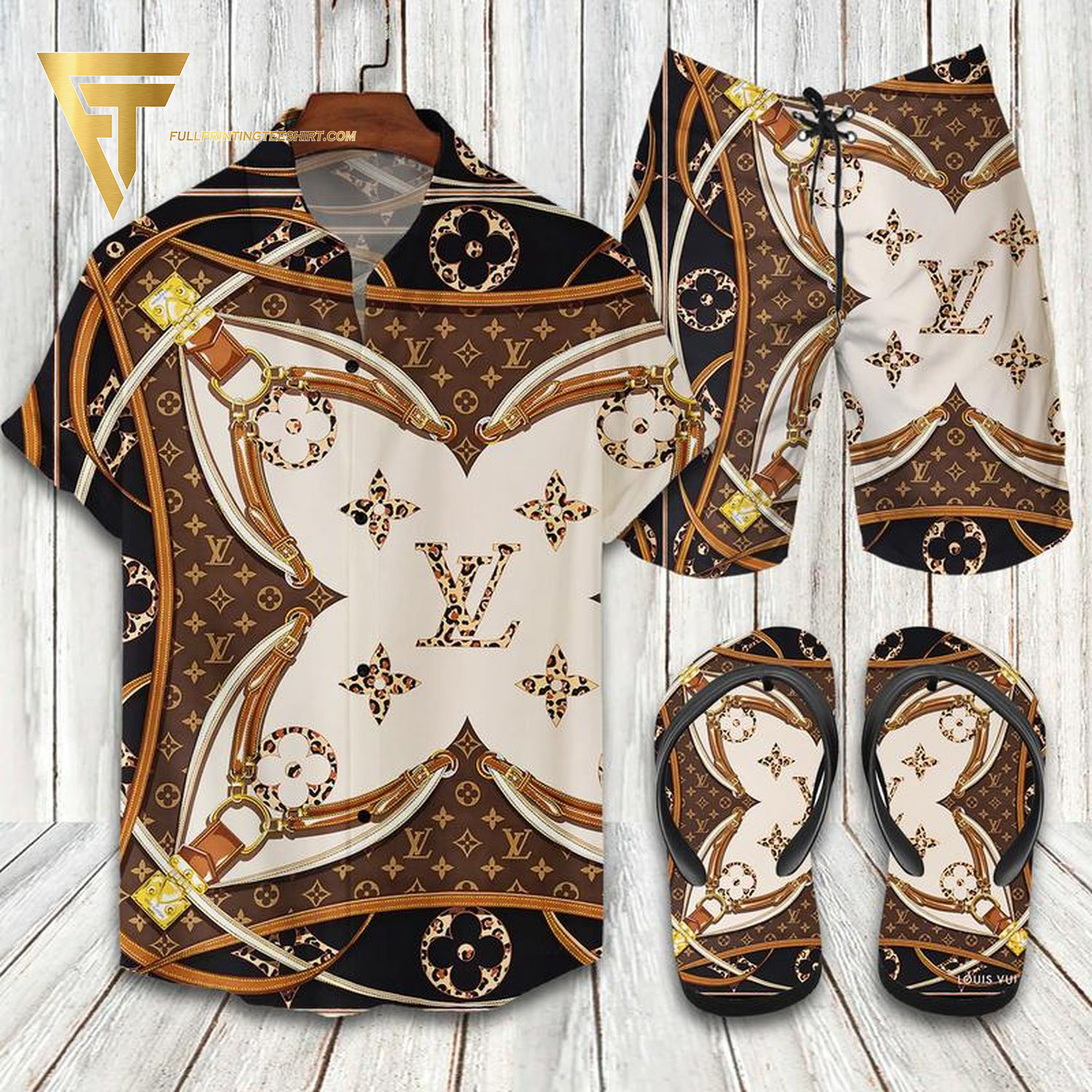 Louis Vuitton Brown Flower Hawaiian Shirt Beach Shorts And Flip Flops Louis Vuitton Brown Flower Hawaiian Shirt Beach Shorts And Flip Flops