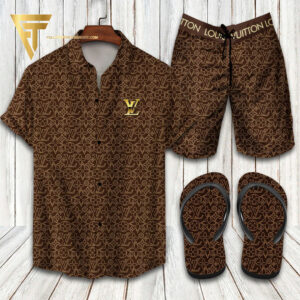 Louis Vuitton Brown Gold Classic Version Hawaiian Shirt Beach Shorts And Flip Flops