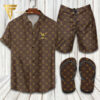 Louis Vuitton Brown Gold Logo Hawaiian Shirt Beach Shorts And Flip Flops