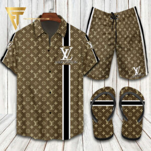 Louis Vuitton Brown Striped Hawaiian Shirt Beach Shorts And Flip Flops