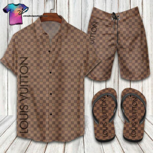 Louis Vuitton Brown Symbol Full Print Hawaiian Shirt Beach Shorts And Flip Flops