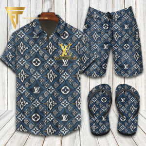 Louis Vuitton Classic Blue Hawaiian Shirt Beach Shorts And Flip Flops