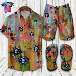 Louis Vuitton Color Retro Full Print Hawaiian Shirt Beach Shorts And Flip Flops