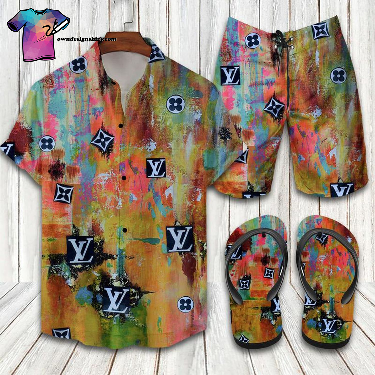 Louis Vuitton Color Retro Full Print Hawaiian Shirt Beach Shorts And Flip Flops Louis Vuitton Color Retro Full Print Hawaiian Shirt Beach Shorts And Flip Flops