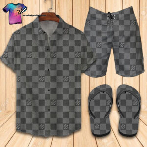 Louis Vuitton Dark Grey Full Print Hawaiian Shirt Beach Shorts And Flip Flops