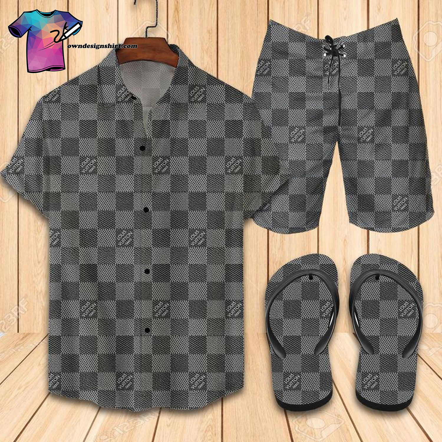 Louis Vuitton Dark Grey Full Print Hawaiian Shirt Beach Shorts And Flip Flops Louis Vuitton Dark Grey Full Print Hawaiian Shirt Beach Shorts And Flip Flops