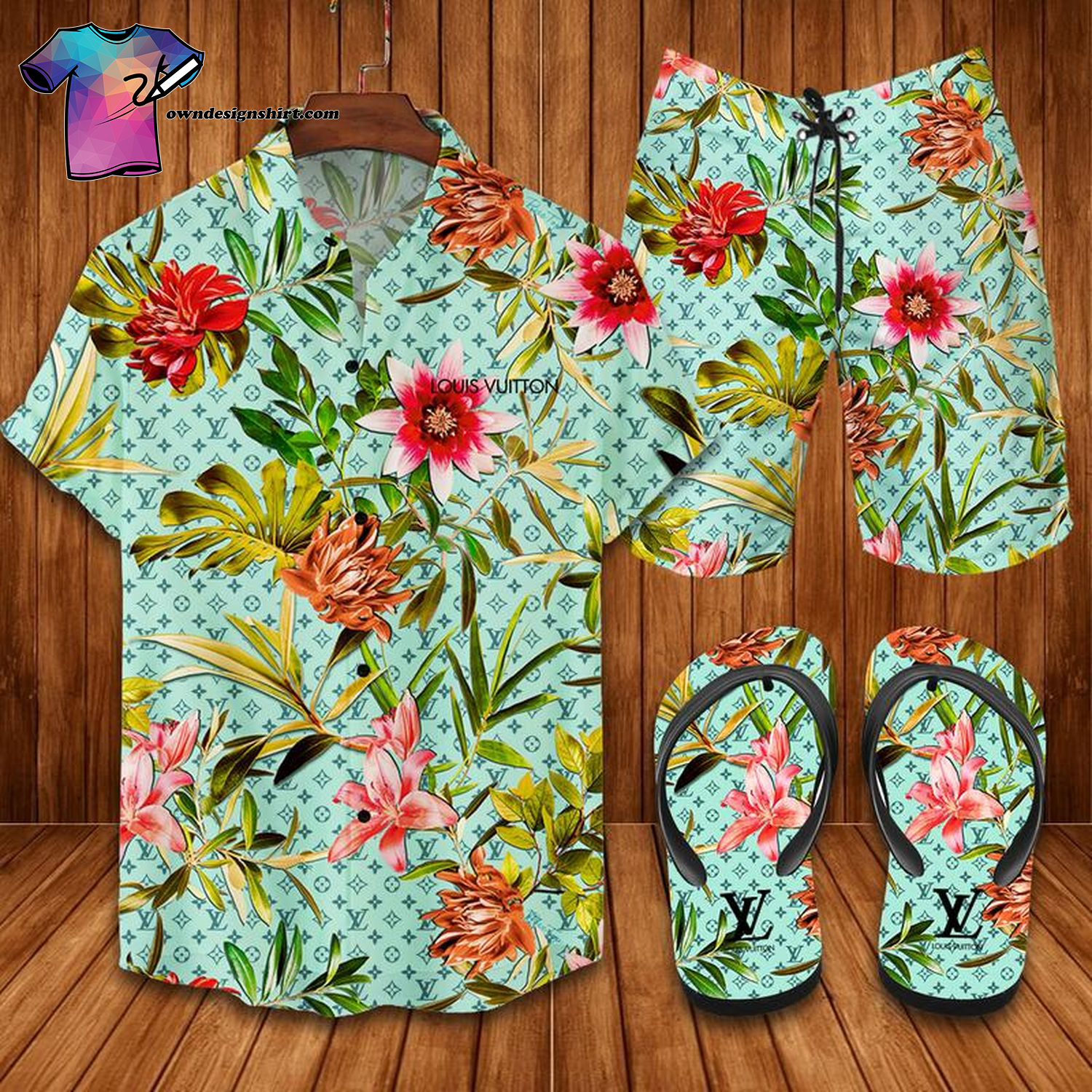 Louis Vuitton Flower Tropical Full Print Hawaiian Shirt Beach Shorts And Flip Flops Louis Vuitton Flower Tropical Full Print Hawaiian Shirt Beach Shorts And Flip Flops