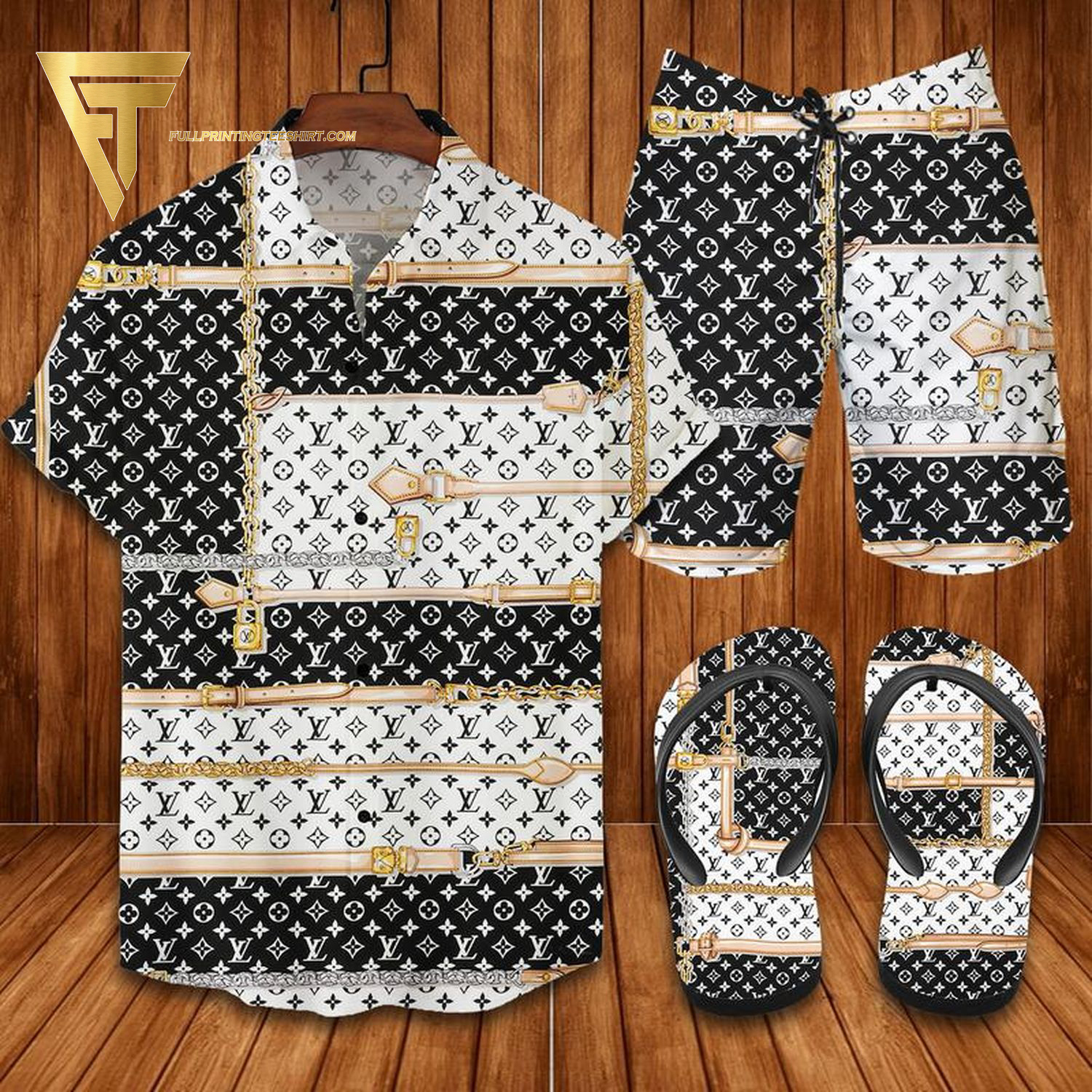 Louis Vuitton Gold Chain Hawaiian Shirt Beach Shorts And Flip Flops Louis Vuitton Gold Chain Hawaiian Shirt Beach Shorts And Flip Flops