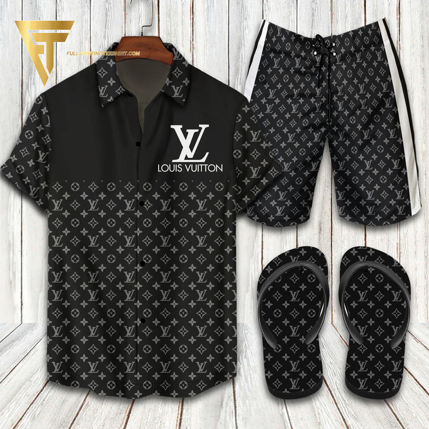 Louis Vuitton Logo Black Version Hawaiian Shirt Beach Shorts And Flip Flops Louis Vuitton Logo Black Version Hawaiian Shirt Beach Shorts And Flip Flops