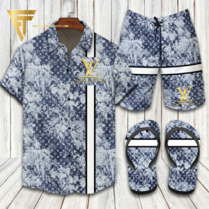 Louis Vuitton Logo Blue Hawaiian Shirt Beach Shorts And Flip Flops