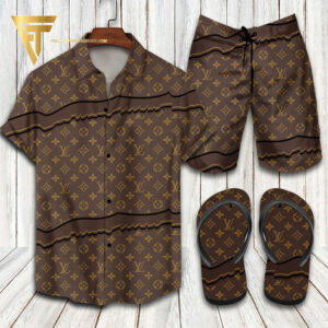 Louis Vuitton Logo Dark Brown Hawaiian Shirt Beach Shorts And Flip Flops