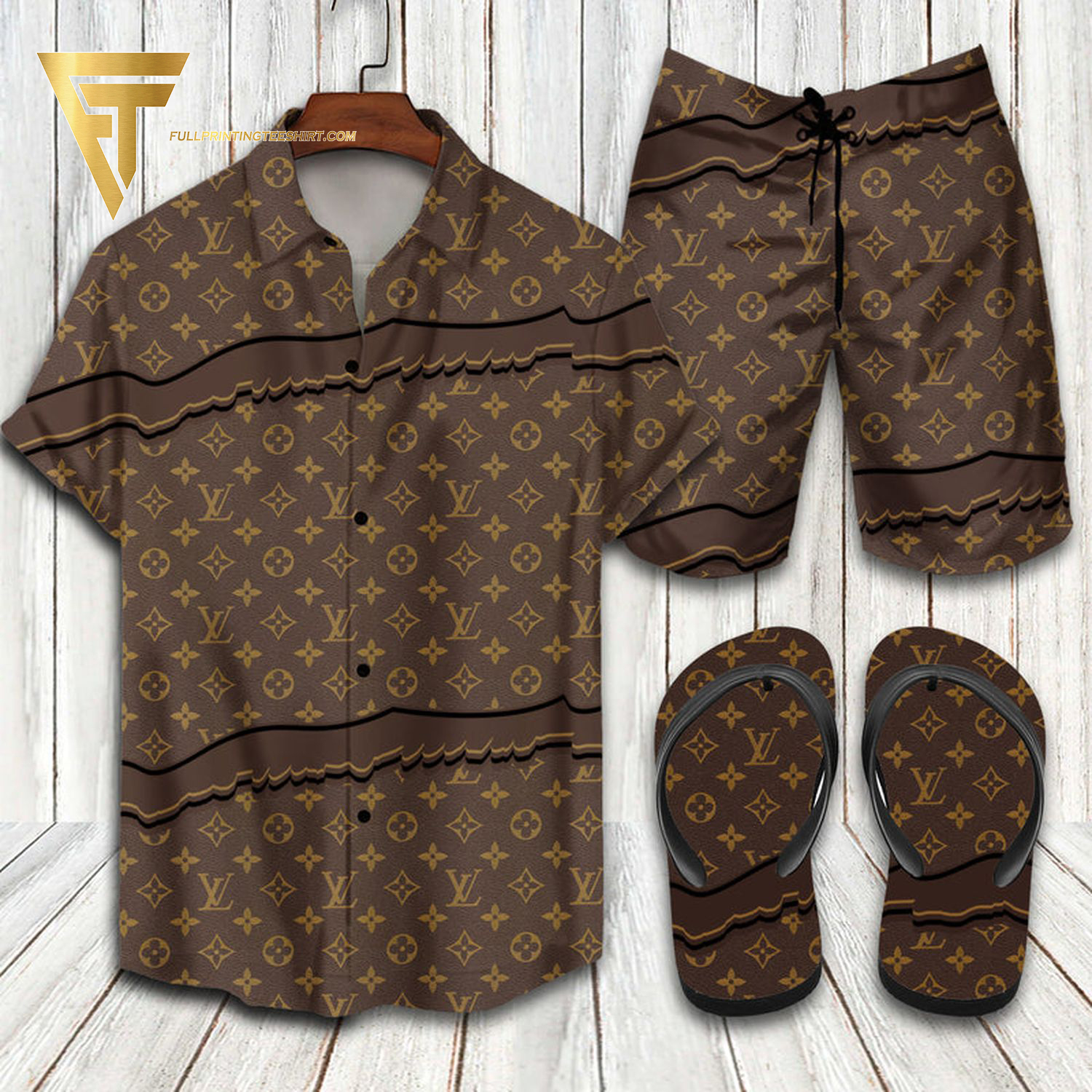 Louis Vuitton Logo Dark Brown Hawaiian Shirt Beach Shorts And Flip Flops Louis Vuitton Logo Dark Brown Hawaiian Shirt Beach Shorts And Flip Flops