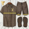 Louis Vuitton Logo Gold Brown Hawaiian Shirt Beach Shorts And Flip Flops