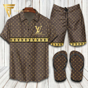 Louis Vuitton Logo Gold Brown Hawaiian Shirt Beach Shorts And Flip Flops