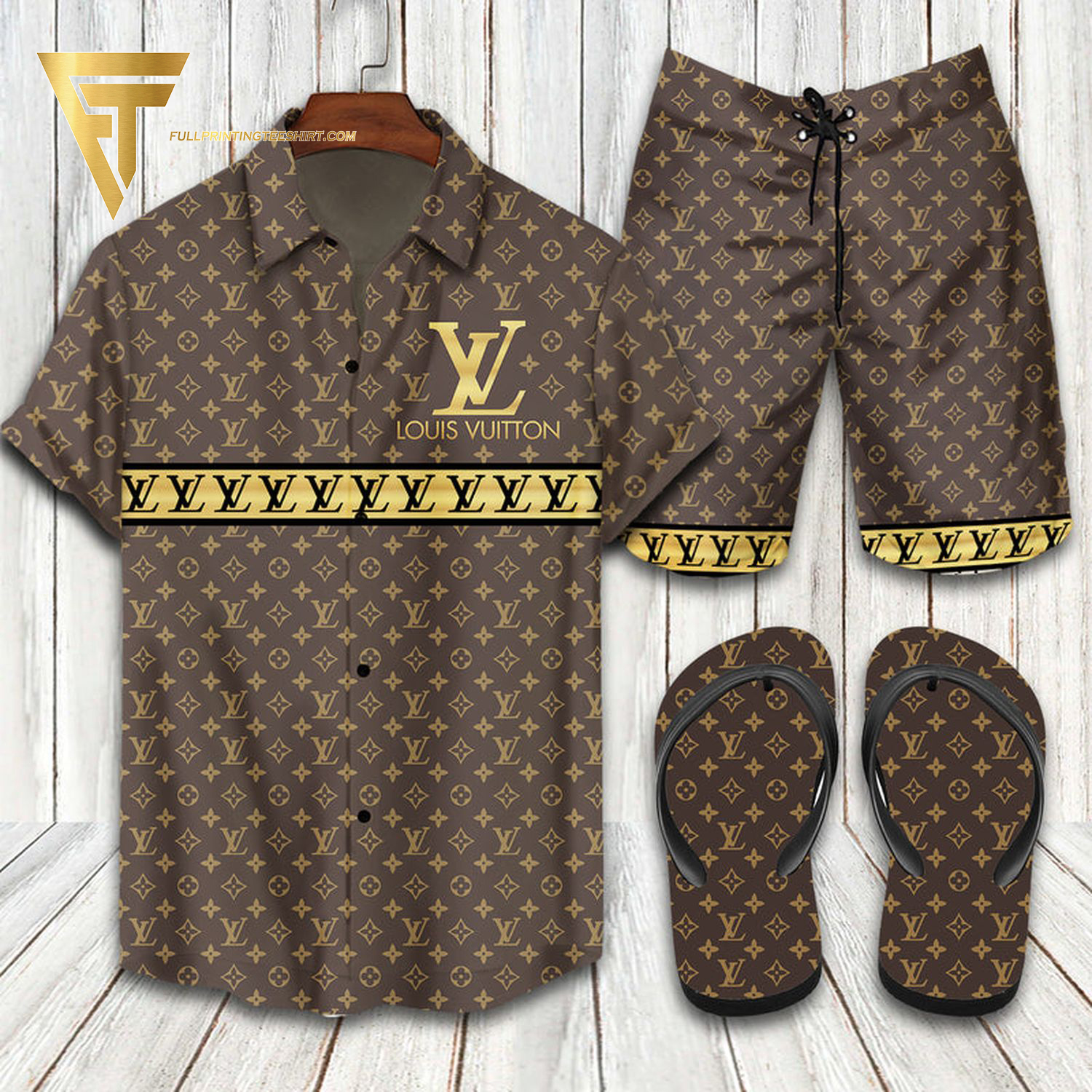 Louis Vuitton Logo Gold Brown Hawaiian Shirt Beach Shorts And Flip Flops Louis Vuitton Logo Gold Brown Hawaiian Shirt Beach Shorts And Flip Flops