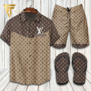 Louis Vuitton Logo Light Brown Version Hawaiian Shirt Beach Shorts And Flip Flops