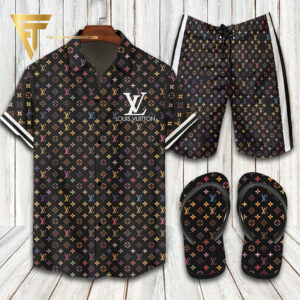 Louis Vuitton Multicolor Hawaiian Shirt Beach Shorts And Flip Flops