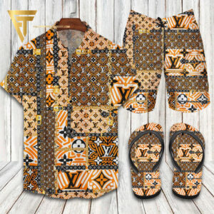 Louis Vuitton Orange Hawaiian Shirt Beach Shorts And Flip Flops