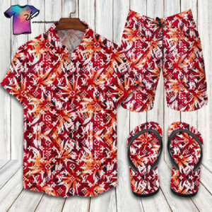 Louis Vuitton Red Tropical Full Print Hawaiian Shirt Beach Shorts And Flip Flops