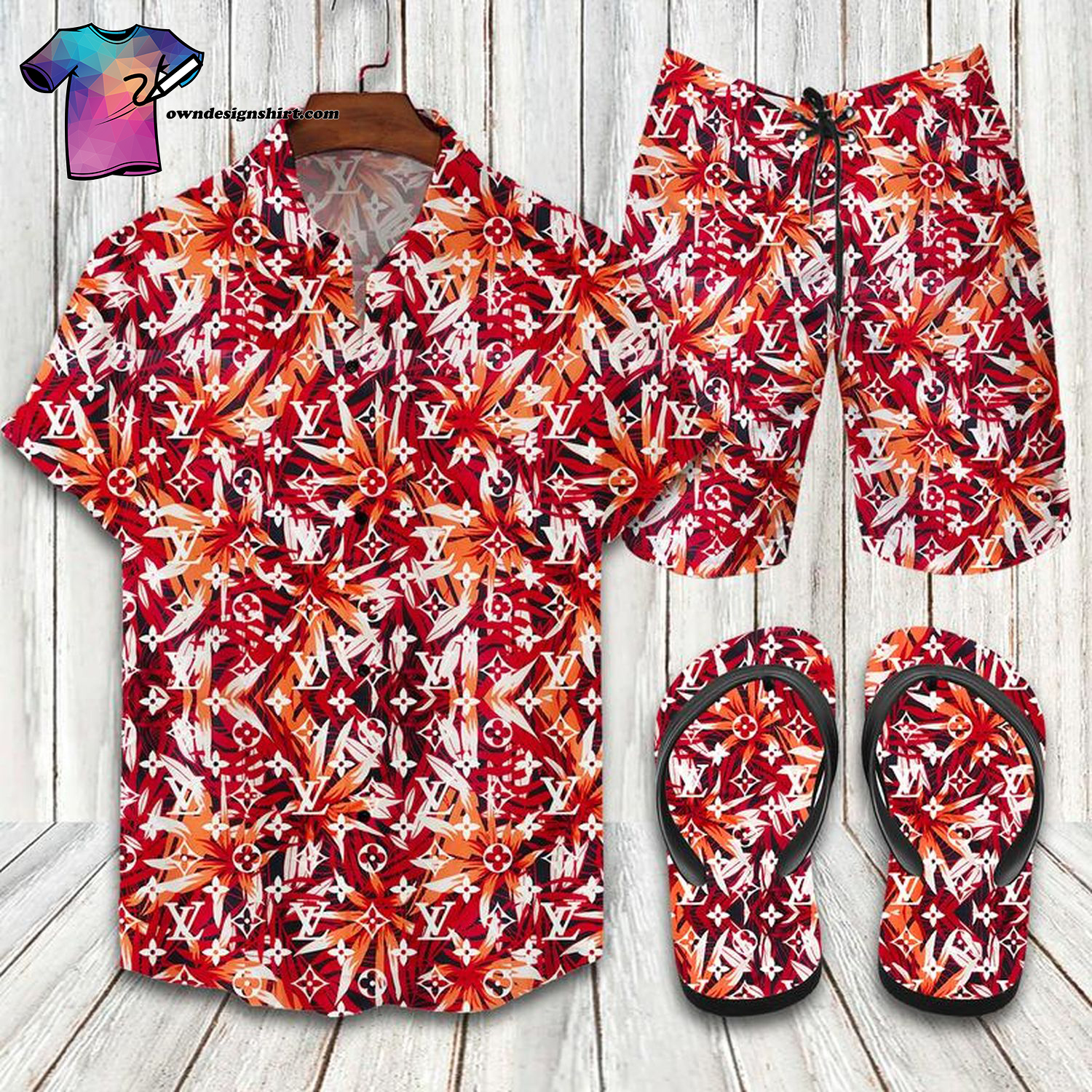 Louis Vuitton Red Tropical Full Print Hawaiian Shirt Beach Shorts And Flip Flops Louis Vuitton Red Tropical Full Print Hawaiian Shirt Beach Shorts And Flip Flops