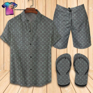 Louis Vuitton Sport Grey Full Print Hawaiian Shirt Beach Shorts And Flip Flops