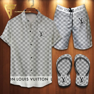 Louis Vuitton Sport Grey Logo Hawaiian Shirt Beach Shorts And Flip Flops