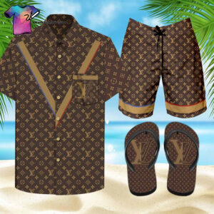 Louis Vuitton Striped Logo Full Print Hawaiian Shirt Beach Shorts And Flip Flops